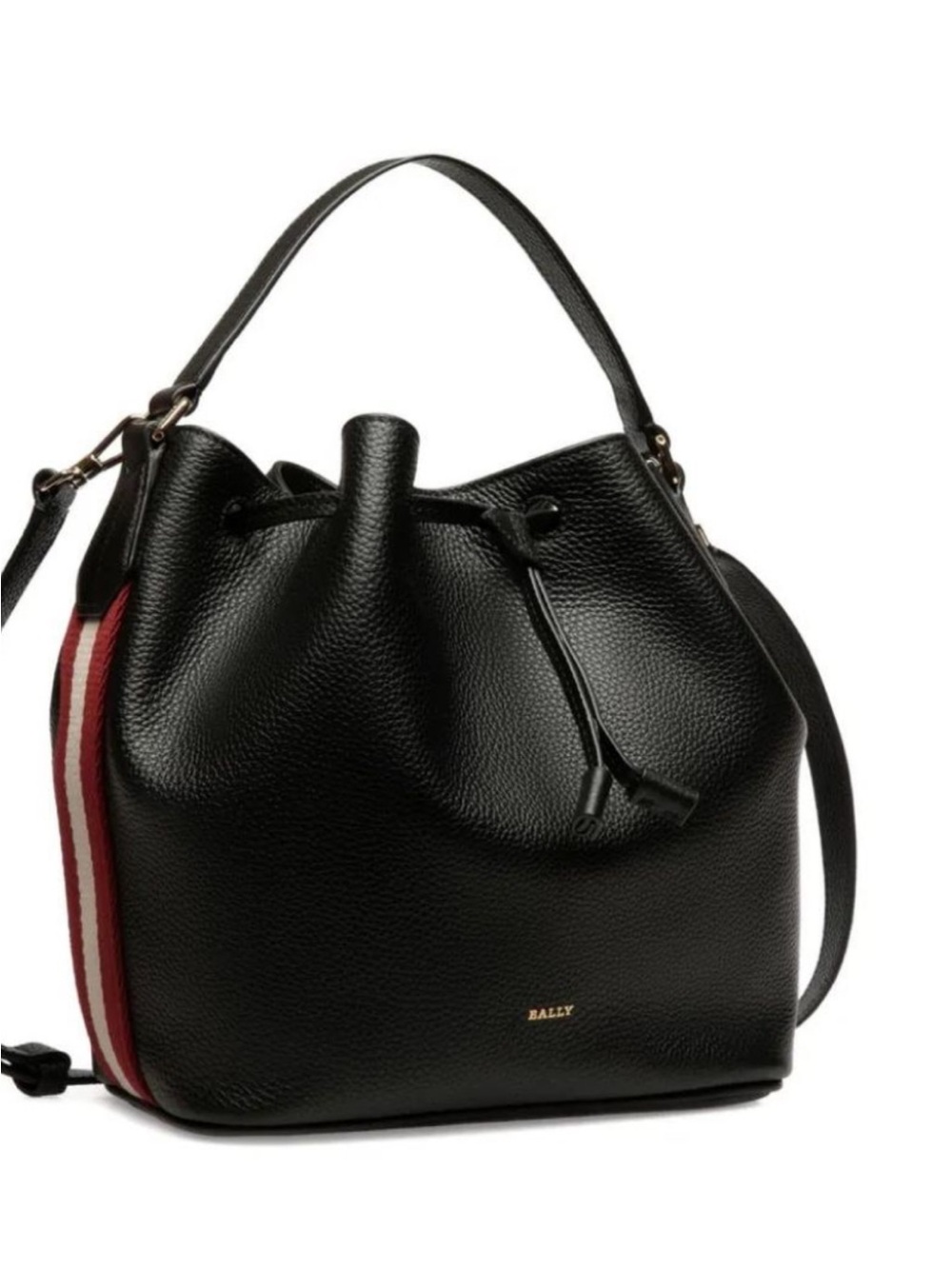 Bally Black Pebbled Leather Bucket Bag with Red-White Side Stripe 7x8x5”